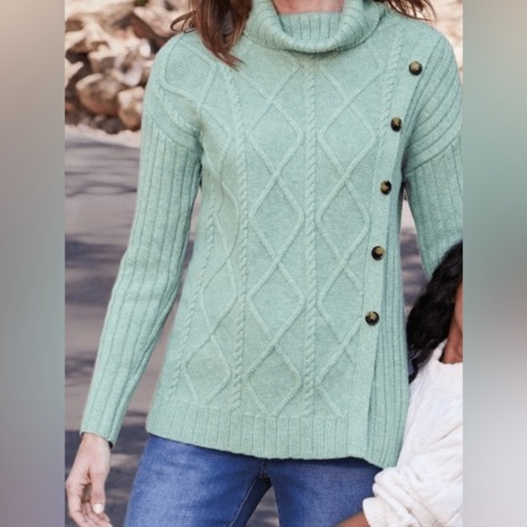 Soft Surroundings Knit Side Button Light Green Cowl Neck Women’s Sweater SZ M - Picture 6 of 6